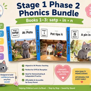 Puede incluir: Un paquete de fonética Stage 1 Phase 2 con tres libros titulados At Pats, Pat tips it y A pin in a tin. Cada portada muestra una ilustración de un gato gris. El conjunto incluye texto educativo, iconos de aprendizaje multisensorial y un vaso con lápices de colores.