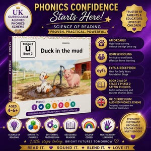 May include: A square educational book titled Duck in the mud, Stage 2 Book 2, featuring a cartoon duck in a mud puddle and a pig. The cover includes the text Phase 2 s a t t p i n with colorful circles. The background is purple with gold badges.