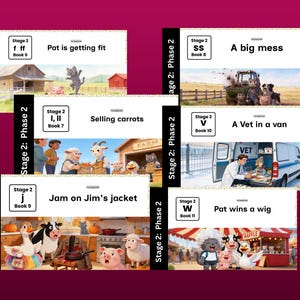 Op de afbeelding: Een verzameling kinderboeken met kleurrijke illustraties. Titels zijn onder meer "Pat is getting fit", "Selling carrots", "Jam on Jim's jacket", "A big mess", "A Vet in a van" en "Pat wins a wig". Elk boek is "Stage 2: Phase 2".