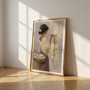 Vintage Sampaguita Seller Oil Painting Print, Filipino Woman Portrait Decor (Digital Download)