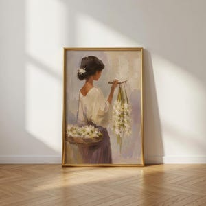 Vintage Sampaguita Seller Oil Painting Print, Filipino Woman Portrait Decor (Digital Download)