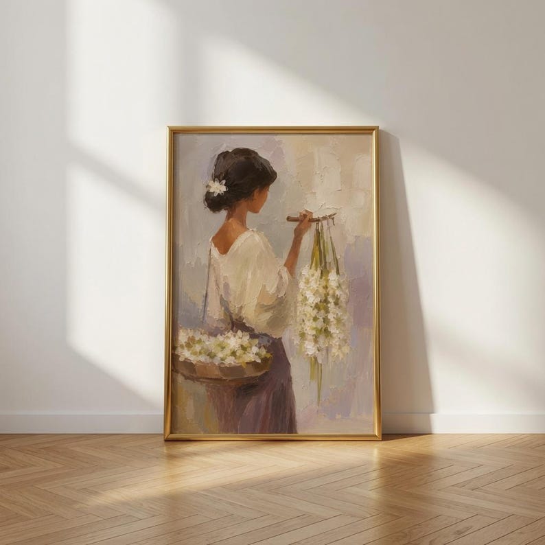Vintage Sampaguita Seller Oil Painting Print, Filipino Woman Portrait Decor (Digital Download)