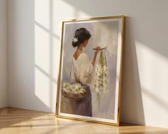 Sztuka ścienna „Sampaguita Seller”, filipiński druk artystyczny, obraz olejny w stylu vintage, wydruk portretu kobiety, sztuka filipińska, sztuka filipińska, dekoracje do druku