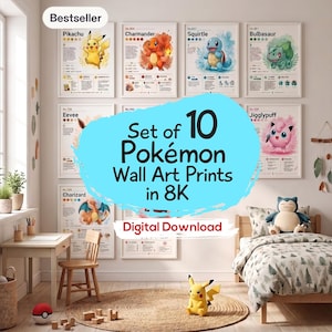 Pokemon Wall Art Set of 10 Printable Posters, Pokemon Pikachu Pokeball Eevee Bulbasaur Charmander Squirtle Gengar Charizard Poster