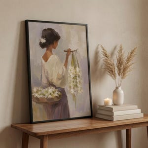Vintage Sampaguita Seller Oil Painting Print, Filipino Woman Portrait Decor (Digital Download)