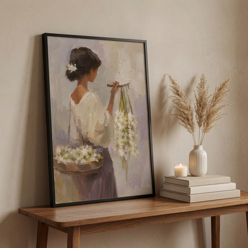 Vintage Sampaguita Seller Oil Painting Print, Filipino Woman Portrait Decor (Digital Download)
