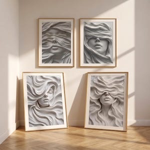 Puede incluir: Un conjunto de cuatro cuadros de pared con esculturas en relieve tridimensionales de color blanco que muestran rostros humanos parcialmente ocultos por telas fluidas y drapeadas. Cada pieza rectangular tiene un marco de madera fina.