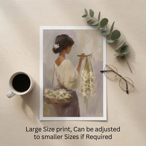 Vintage Sampaguita Seller Oil Painting Print, Filipino Woman Portrait Decor (Digital Download)