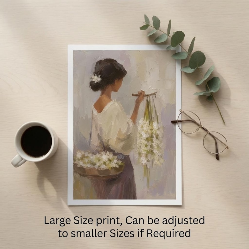Vintage Sampaguita Seller Oil Painting Print, Filipino Woman Portrait Decor (Digital Download)