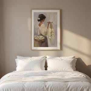 Vintage Sampaguita Seller Oil Painting Print, Filipino Woman Portrait Decor (Digital Download)