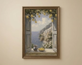 May include: A framed wall art print depicting an open window overlooking a coastal Mediterranean town. The scene features a blue pitcher and a bowl of yellow lemons on the windowsill, with lemon branches hanging above against a blue sky.