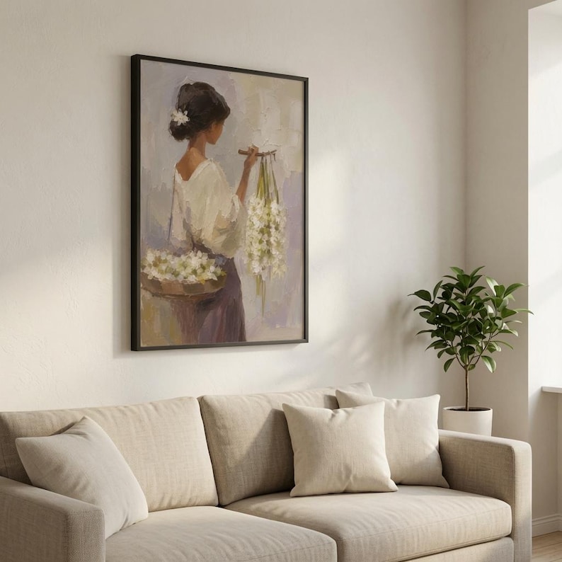 Vintage Sampaguita Seller Oil Painting Print, Filipino Woman Portrait Decor (Digital Download)