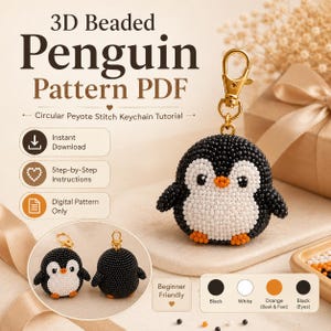 3D Beaded Penguin Pattern PDF, Circular Peyote Stitch Tutorial, Mini Seed Bead Keychain Charm, Cute Beaded Animal DIY