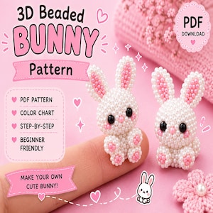 May include: A digital PDF download for a 3D beaded bunny pattern featuring white and pink beads. The design includes a colour chart, step-by-step instructions, and is beginner friendly. The text reads 3D Beaded BUNNY Pattern and PDF DOWNLOAD.