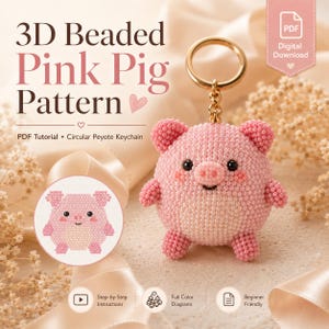 Könnte beinhalten: Ein 3D-geperlter rosa Schweinchen-Schlüsselanhänger mit einem goldfarbenen Metallring. Das Schweinchen hat kleine schwarze Augen, eine Schnauze und einen runden Körper aus winzigen rosa Perlen. Der Text auf dem Bild lautet 3D Beaded Pink Pig Pattern.