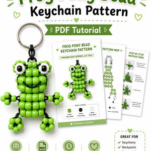 May include: A digital PDF tutorial for a frog pony bead keychain pattern. The guide includes a finished green and black bead frog keychain, a pattern map, and step-by-step instructions. The text reads Frog Pony Bead Keychain Pattern.