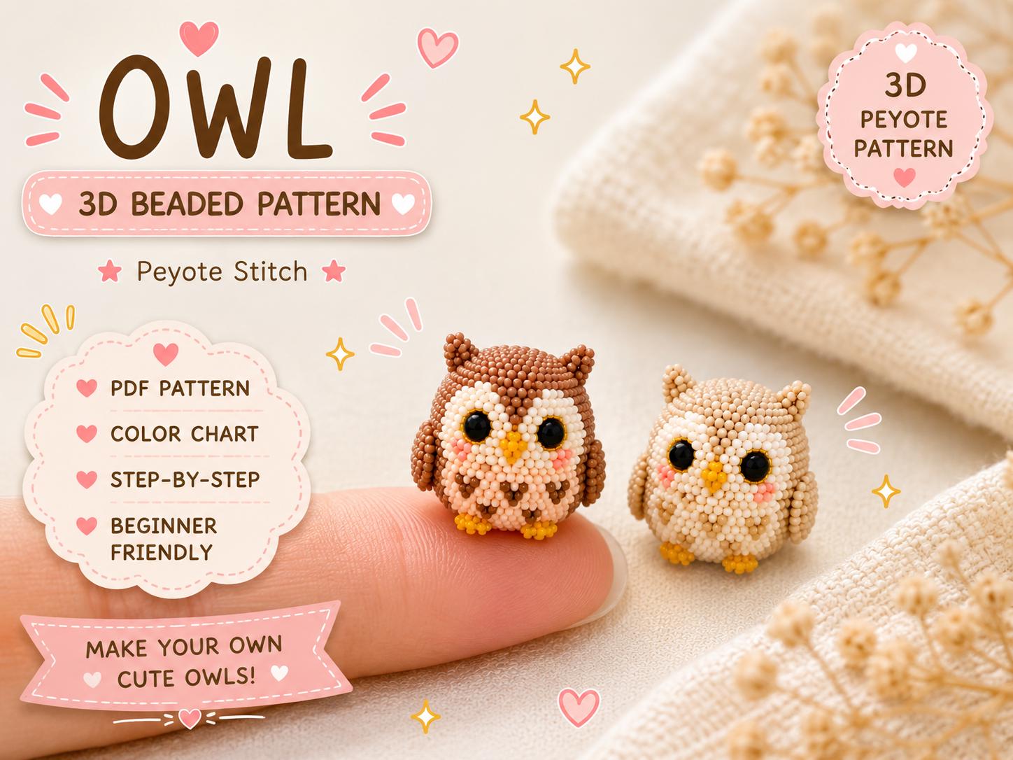 Beaded Chubby Owl Pattern PDF, 3D Seed Bead Keychain Tutorial, Peyote Stitch Cute Owl Charm DIY, Beg