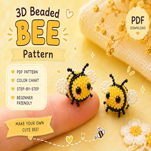 Könnte beinhalten: Eine digitale PDF-Anleitung für eine 3D-Perlenbiene mit dem Text 3D Beaded BEE Pattern, PDF DOWNLOAD, PDF PATTERN, COLOR CHART, STEP-BY-STEP, BEGINNER FRIENDLY und MAKE YOUR OWN CUTE BEE. Das Bild zeigt zwei kleine gelb-schwarze Bienen aus Perlen.