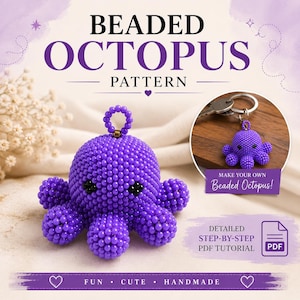 Può includere: Un modello di polpo in perline viola con un corpo rotondo, piccoli occhi neri e diversi tentacoli. Il testo recita BEADED OCTOPUS PATTERN, MAKE YOUR OWN Beaded Octopus! e DETAILED STEP-BY-STEP PDF TUTORIAL. Include una piccola icona PDF.