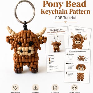 May include: A Highland Cow pony bead keychain with brown, cream, and black beads, attached to a metal ring. Beside it are printed tutorial pages titled Highland Cow Pony Bead Keychain Pattern, featuring a bead chart and step-by-step instructions.