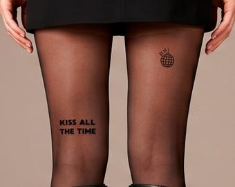 Kiss All The Time Sheer Tights, Transparent Tights, Bold Statement Tights, Edgy Fashion Hosiery, Black Tights, Fashion Hosiery