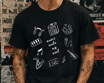 Musik T-Shirt mit Spruch | Music Suits My Soul Shirt | Geschenk für Musikliebhaber | Musiker Geschenk | Musikfan Shirt