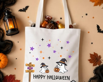 Halloween Tasche Kinder | Happy Halloween Trick or Treat Tasche | Süßigkeiten Beutel mit Geistern | Halloween Geschenk Kind