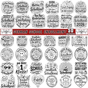 May include: A collection of 50 black and white circular and heart-shaped graphic designs for German school enrolment. Each design features hand-lettered German text, school-themed illustrations like pencils, backpacks, rockets, and smiley faces.