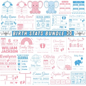 May include: A digital collection of 30 baby birth announcement templates featuring pink and blue color schemes. Designs include illustrations of elephants, rainbows, and hot air balloons, with text fields for baby name, birth date, time, weight, and length.