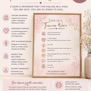 May include: A framed print with the text "THIS IS A Trauma Wave" in a soft, elegant font. The poster offers gentle reminders for healing and self-care, with a focus on emotional support and nervous system regulation. Includes a daily reminder of safety, calm, and compassion.