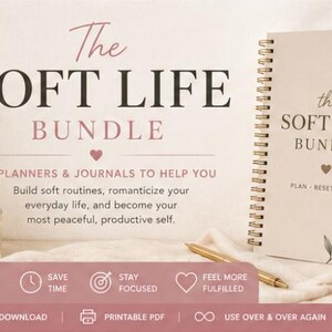 May include: A spiral-bound planner titled The Soft Life Bundle with a beige cover featuring a leaf illustration. The text reads The Soft Life Bundle, 7 Planners & Journals To Help You, Plan Reset Grow, Reduce Stress, Save Time, Stay Focused, Feel More Fulfilled.