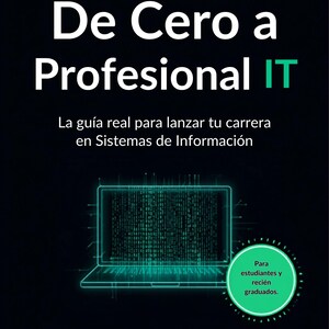 May include: A book cover with a black background featuring the white text De Cero a Profesional IT, the subtitle La guía real para lanzar tu carrera en Sistemas de Información, a green digital laptop graphic, and the author name Luis Torres Zayas.