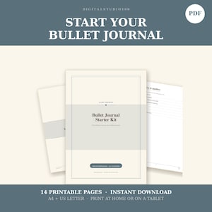 May include: A digital bullet journal starter kit in PDF format featuring 14 printable pages. The cover page displays the text Bullet Journal Starter Kit, while another page shows a key and signifiers list. Includes A4 and US letter sizes.