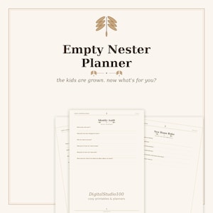 May include: A digital planner titled Empty Nester Planner with the text the kids are grown. now what's for you? featuring pages for an Identity Audit and New House Rules. The design uses dark brown text on a light cream background with leaf icons.