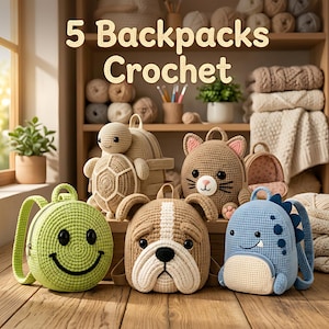 Puede incluir: Cinco mochilas de ganchillo con diseños de animales y personajes, incluyendo una cara sonriente verde, una tortuga beige, un gato marrón, un bulldog marrón y un dinosaurio azul. El texto 5 Backpacks Crochet aparece en la parte superior.