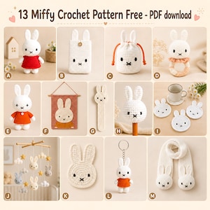 Può includere: Una collezione di 13 schemi all'uncinetto Miffy etichettati da A a M, che presentano figure di conigli bianchi in varie forme, tra cui bambole, pochette, un arazzo, segnalibri, sottobicchieri, una giostrina, un portachiavi e una sciarpa.