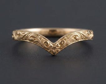 14K massief gouden oranjebloesem wishbone-trouwring, handgegraveerde nesting trouwring, vintage gebogen trouwring, ring jubileumcadeau