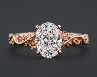 Nature Inspired Oval Cut Lab Grown Diamond Engagement Ring, 14K Rose Gold Floral Vine Wedding Ring Delicate Botanical Leaf Anniversary Ring
