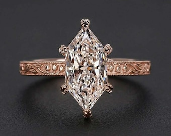Anel de noivado antigo holandês com diamante cultivado em laboratório em formato de marquise, anel de casamento vintage gravado com lírio-do-vale, anel de noivado solitário com cravação em garra em formato de folha.