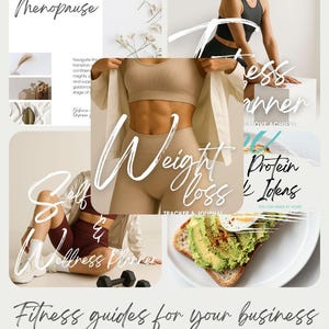 Może przedstawiać: Kolaż z przewodnikami fitness z tekstem "Your Guide to Menopause", "Weight Loss Tracker & Journal", "Self & Wellness Planner" i "Protein & Ideas". Obraz zawiera zdjęcia kobiety w stroju sportowym i tostów z awokado.