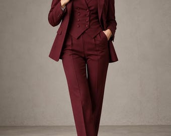 Burgundy 3 Piece Women Suit, Double Breasted Vest, Tailored Blazer & Trousers, Elegant Formal Business Suit