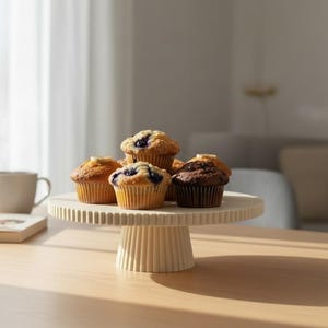 May include: A cream-colored ceramic cake stand with a fluted, ribbed design on the pedestal and rim. The stand holds a collection of five muffins, including blueberry and chocolate varieties, each in a paper liner, arranged on the flat surface.