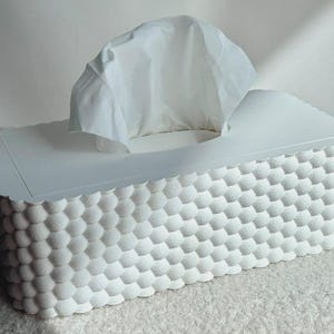 May include: A rectangular white tissue box cover featuring a repeating raised bubble or scale texture on the sides. The top surface is smooth with a central oval opening, through which a single white facial tissue is pulled upward.