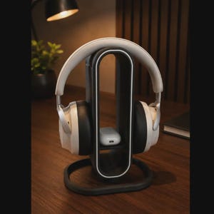 May include: A black and white headphone stand with a vertical oval frame and a base. The stand holds a pair of over-ear headphones with white headbands and black ear cushions, and a small white rectangular charging case sits on the internal shelf.