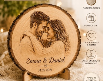 Regalo personalizado de fotografía en rodajas de madera, retrato de pareja grabado con láser a medida, regalo de aniversario, regalo de boda, decoración rústica hecha a mano.