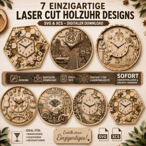 Paquete de 7 relojes cortados con láser en formato SVG | Archivos XCS para xTool S1 y M1 | Reloj de pared SVG | Glowforge | LightBurn | Descarga digital
