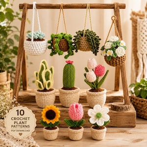 Crochet Plant Bundle PDF, Hanging Flower Pot Pattern, Amigurumi Cactus Succulent Digital Download