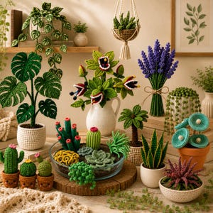 May include: A collection of various crocheted plants in pots and a glass bowl. Features include a large monstera, a venus flytrap arrangement, purple lavender, a string of pearls, cacti with faces, a palm, a snake plant, and teal flowers.