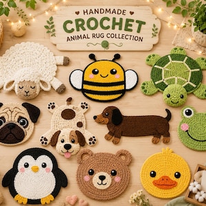 May include: A collection of handmade crochet animal rugs featuring a sheep, bee, turtle, pug, puppy, dachshund, frog, penguin, bear, and duck. A wooden sign at the top reads HANDMADE CROCHET ANIMAL RUG COLLECTION, and a small tag reads made with.