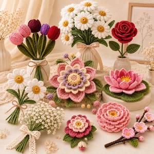 May include: A collection of handcrafted crochet flowers including white daisies, red roses, pink tulips, a lotus, and cherry blossoms. The arrangement features various bouquets and individual blooms with green leaves, tied with ribbons and twine.